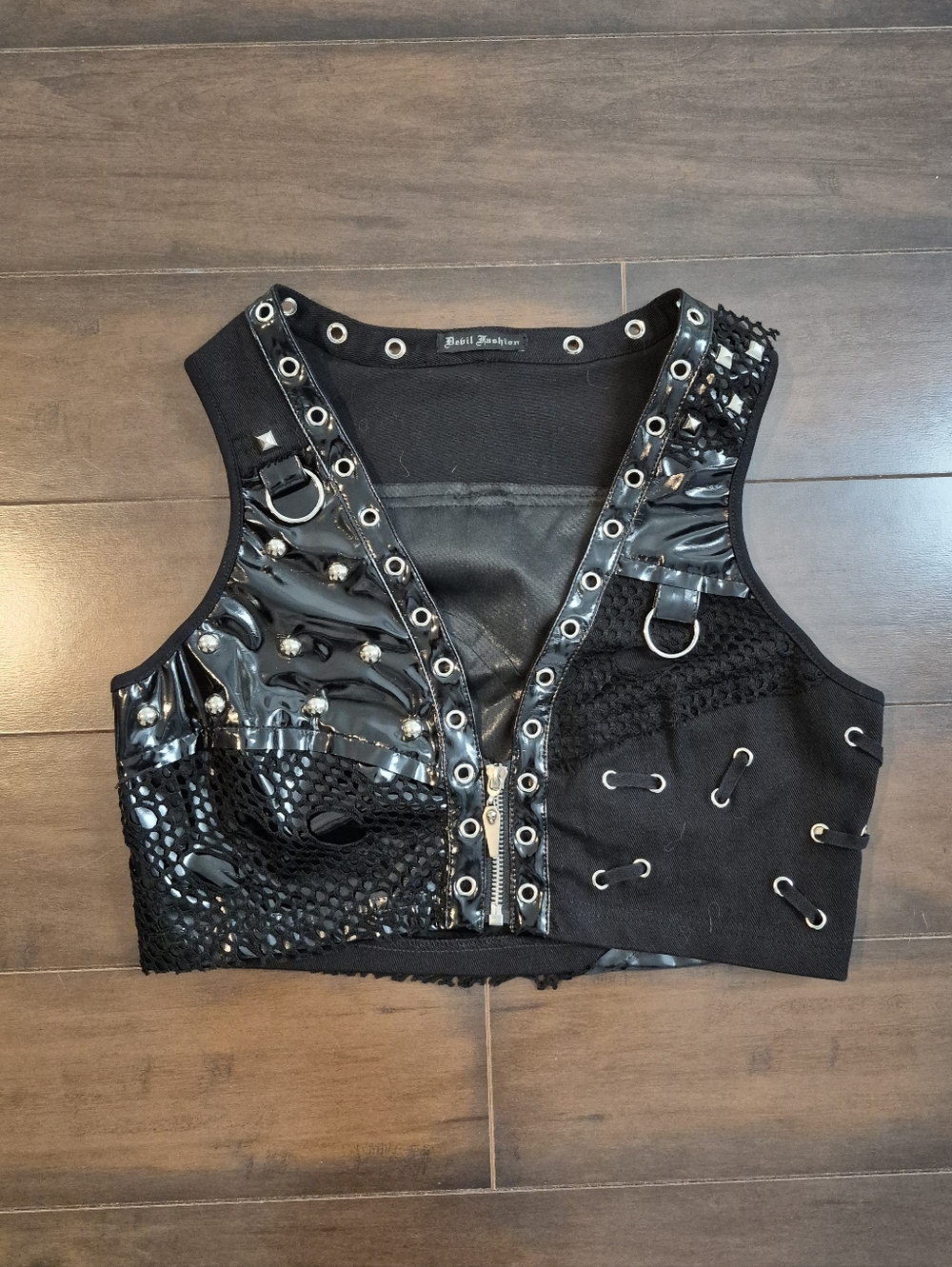 Devil Fashion Black Studded Vinyl & Mesh Cropped Vest Size Small